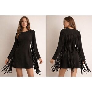 Lavish Alice Black Fringe Western Mini Dress XS Boho Festival Cowgirl